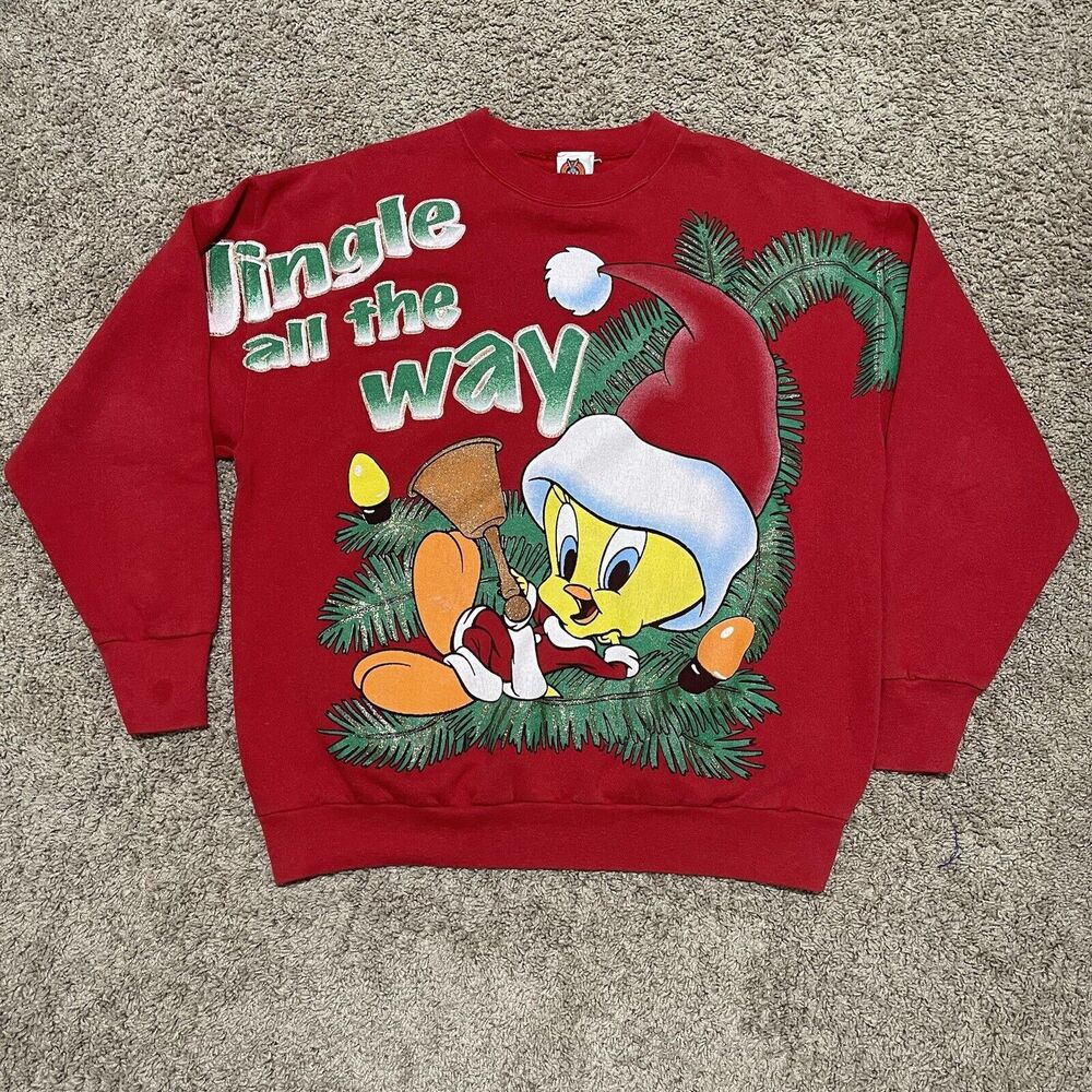 Tweety Sweatshirt Womens Large Red Looney Tunes Graphic Pullover Jingle 90s